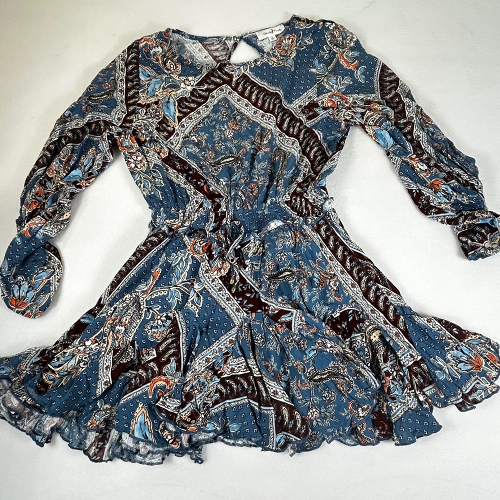 Perfectly Priscilla Boho Paisley 90s y2k‎ Mini Dress Women S Long Sleeve Keyhole